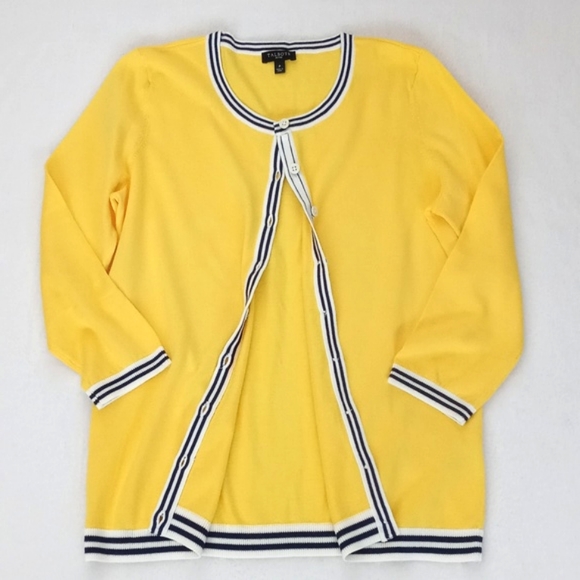 Talbots Women's Canary Yellow w Blue White Trim 3/4 Sleeve Cardigan Sweater P - Picture 7 of 10
